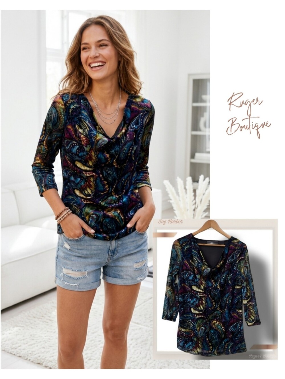 🌿Sag Harbor Women's Small Drape Neckline Vibrant Multicolor Paisley Print Top